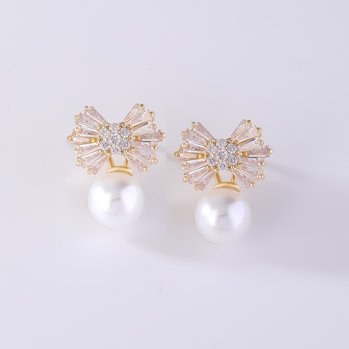 1 par de pendientes de circonita con perlas de agua dulce de cobre con incrustaciones de flores irregulares brillantes de estilo Simple informal