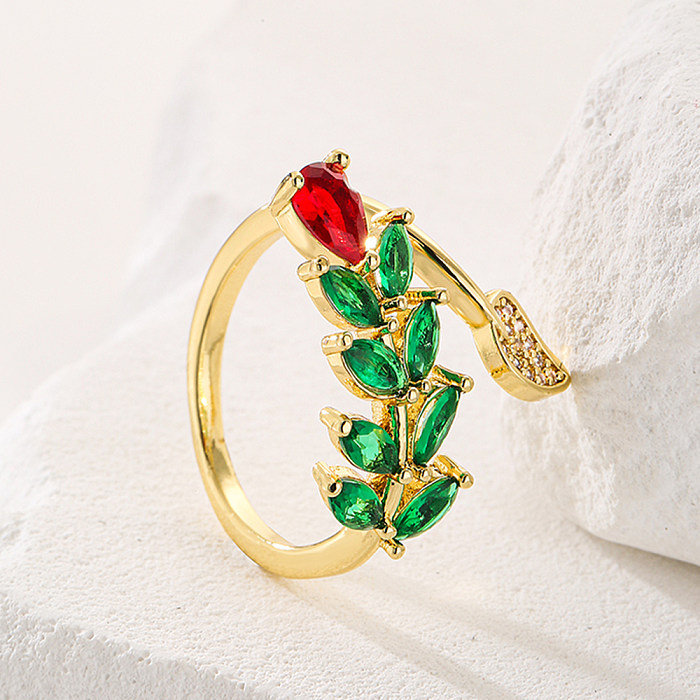 Offener Ring aus Kupfer mit Blatt- und Blumenmotiv, vergoldet, Zirkon-Kupferringe