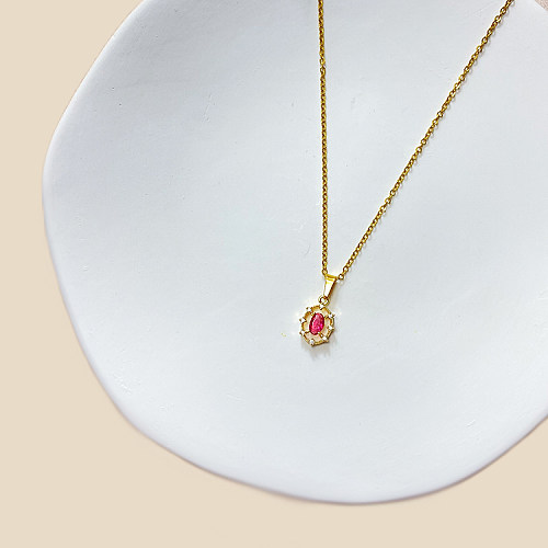 Lady Wedding Shiny Solid Color Stainless Steel Copper Plating Inlay Rhinestones Zircon Gold Plated Pendant Necklace