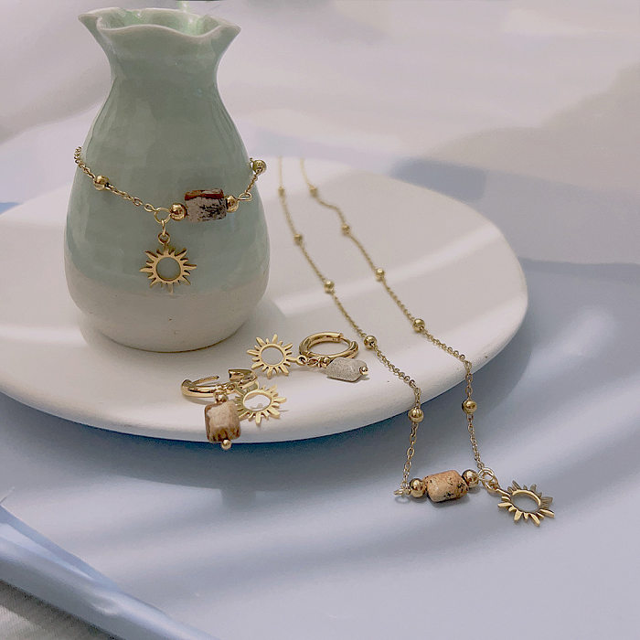 Mode Sun Square Edelstahl Überzug aushöhlen Damen Armbänder Ohrringe Halskette