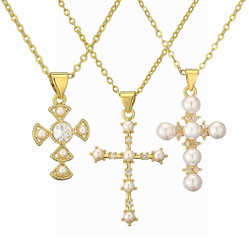 Casual Simple Style Cross Copper Plating Inlay Pearl Zircon Gold Plated Pendant Necklace