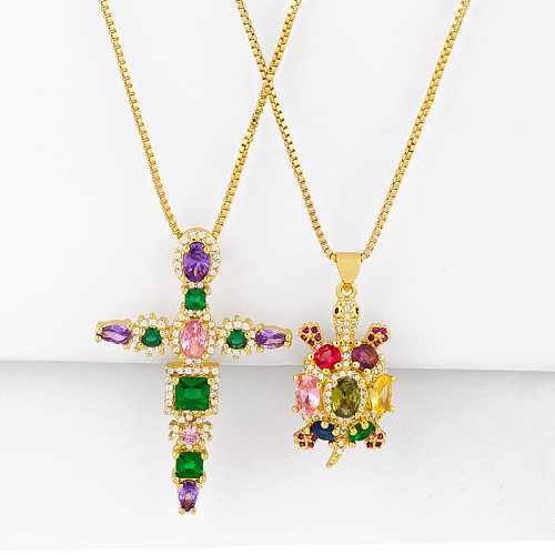 Fashion Colorful Zircon Copper Necklace Wholesale Accessories Small Turtle Necklace Colorful Zircon Cross Necklace Pendant Jewelry