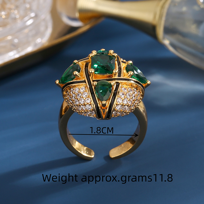 Vintage Style Exaggerated Luxurious Cross Square Water Droplets Copper Plating Inlay Zircon 18K Gold Plated Open Rings