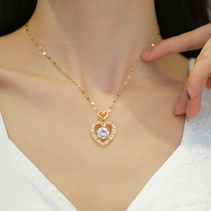 Elegant Streetwear Heart Shape Stainless Steel Copper Inlay Zircon Pendant Necklace