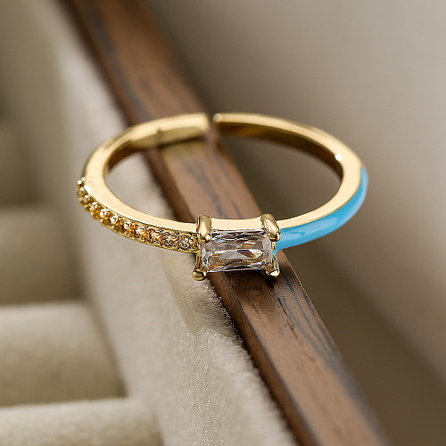Simple Style Square Copper Plating Inlay Zircon 18K Gold Plated Open Ring