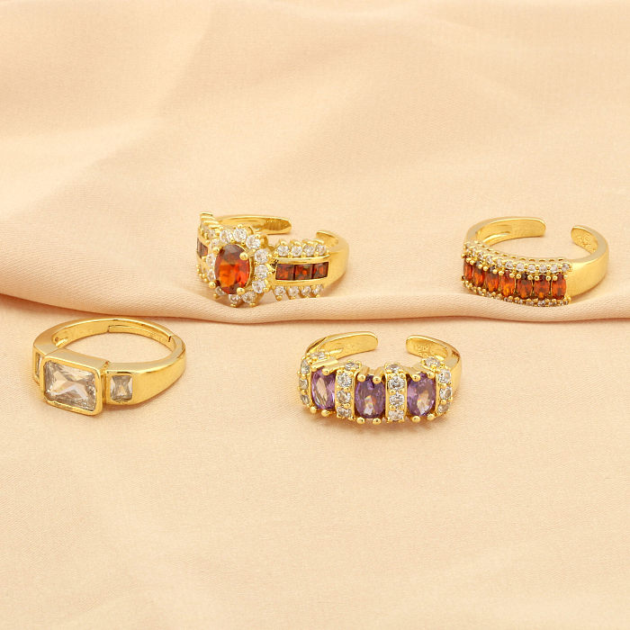 Exaggerated Shiny Square Oval Copper Plating Inlay Zircon 18K Gold Plated Open Rings