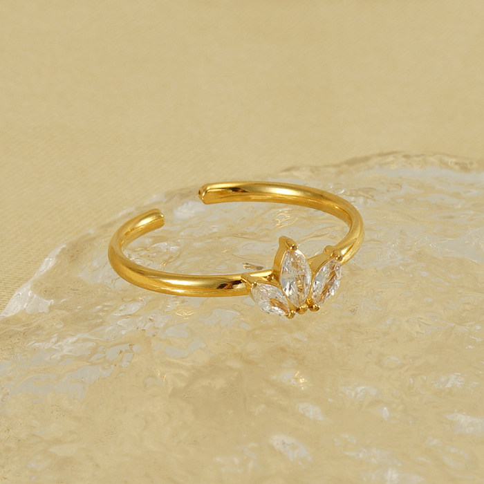 Anéis abertos banhados a ouro de aço inoxidável do zircão 18K do embutimento do trevo do estilo simples