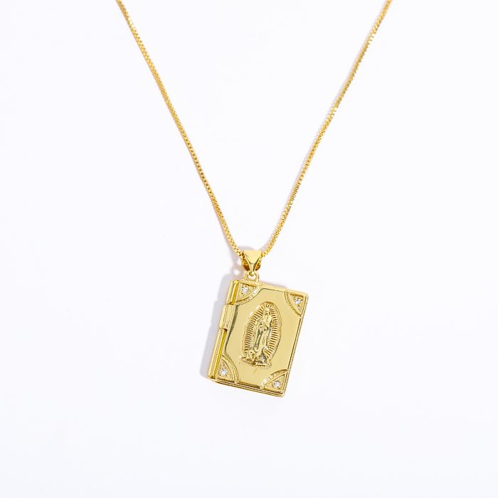 Vintage Style Portrait Photo Album Copper Plating Inlay Carving Zircon 18K Gold Plated Pendant Necklace