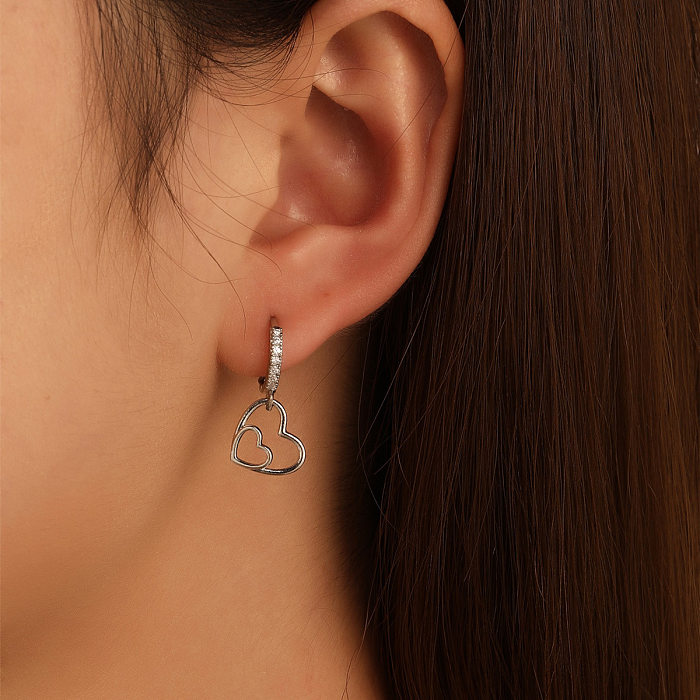 Boucles d'oreilles coréennes simples en cuivre incrusté de cœur en Zircon