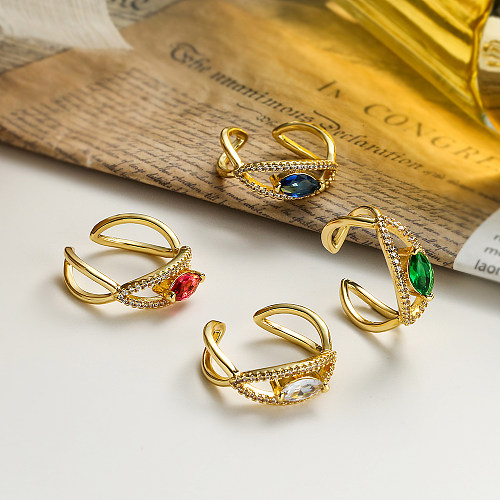 Streetwear Ovale offene Ringe mit Kupferbeschichtung und Inlay-Zirkon, 18 Karat vergoldet