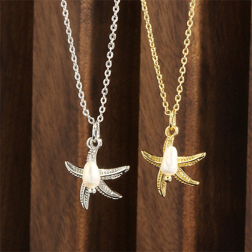 Retro Simple Style Starfish Freshwater Pearl Copper Plating 18K Gold Plated Pendant Necklace