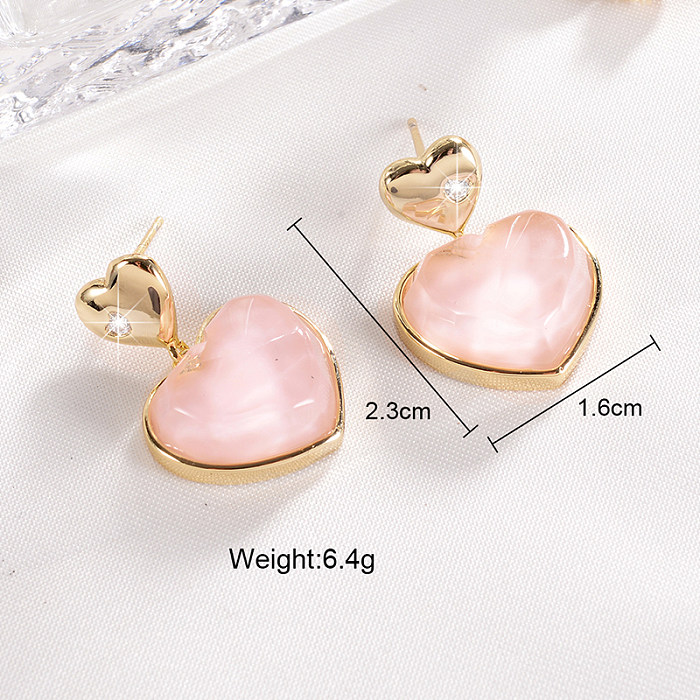 1 Pair Sweet Heart Shape Plating Inlay Copper Resin Zircon 14K Gold Plated Drop Earrings