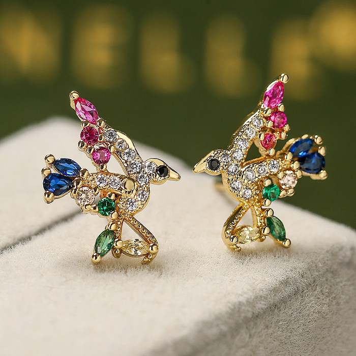 1 Pair Fashion Heart Shape Bird Copper Inlay Zircon Ear Studs