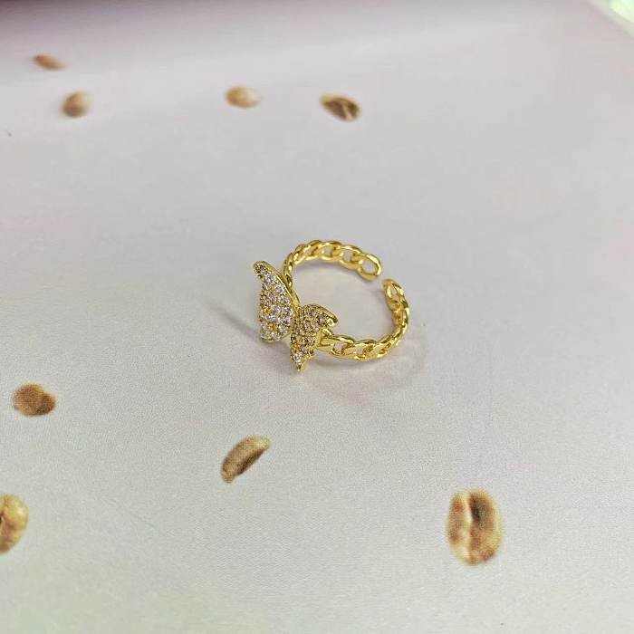 Anel de zircão borboleta ouro moda anel de cobre anel ajustável