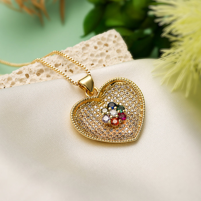 Collier pendentif plaqué or 18 carats en Zircon avec incrustation de cuivre en forme de cœur coloré de Style Simple