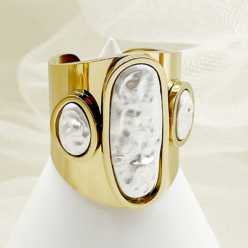 Retro luxuoso irregular aço inoxidável polimento chapeamento inlay shell banhado a ouro anel aberto