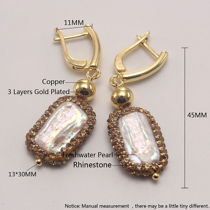1 paire de boucles d'oreilles pendantes en cuivre plaqué or 18 carats, Style Vintage, bloc de couleur géométrique, incrustation de perles d'eau douce