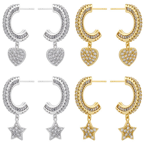 1 Paar elegante, glamouröse, luxuriöse Stern-Herzform-Ohrringe mit Kupfer-Zirkon-Beschichtung und 18-Karat-Vergoldung