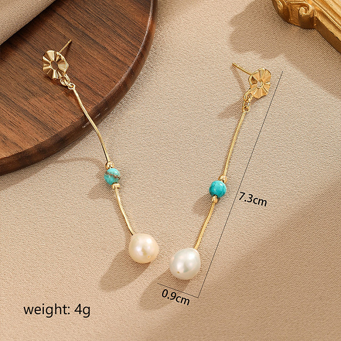 1 Pair Vintage Style Simple Style Roman Style Flower Patchwork Inlay Copper Turquoise Freshwater Pearl Drop Earrings