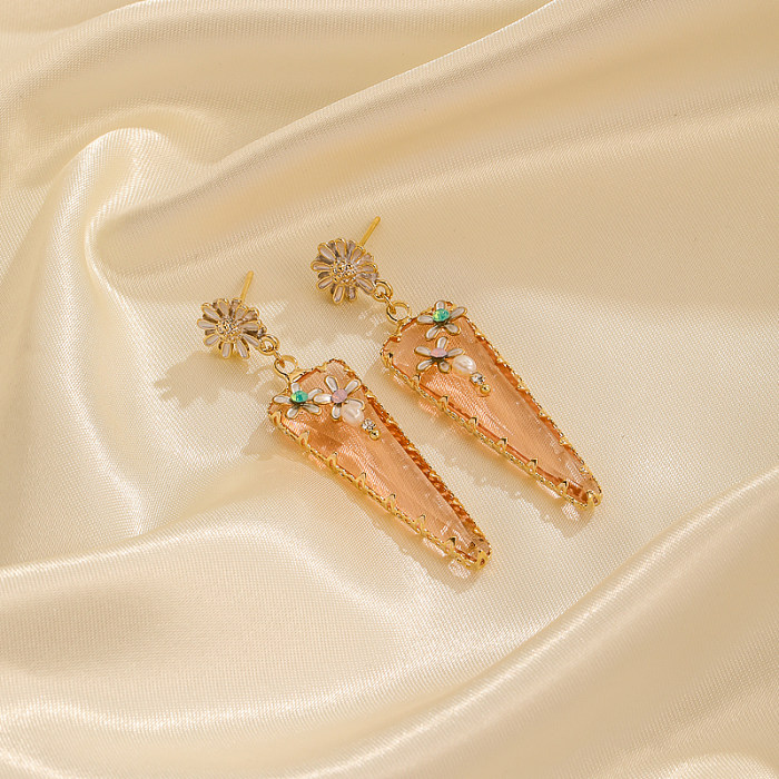 1 paire de boucles d'oreilles pendantes plaquées or 14 carats, Style Simple et décontracté, incrustation de fleurs, incrustation de résine de cuivre et strass