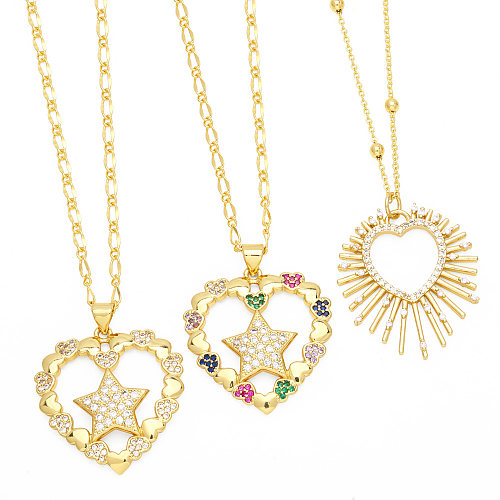 IG Style Streetwear Pentagram Heart Shape Copper Plating Inlay Zircon 18K Gold Plated Pendant Necklace