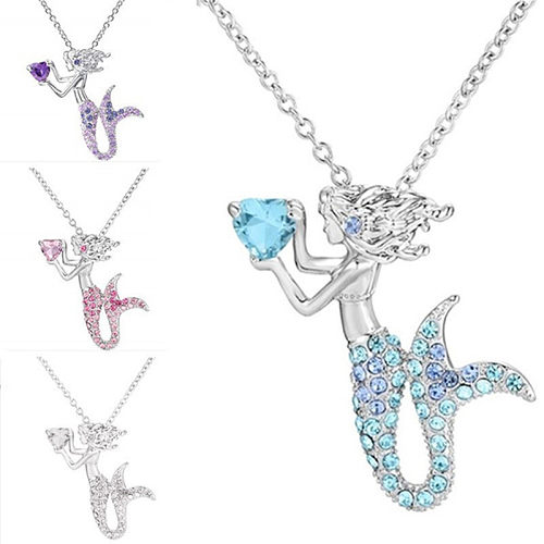 Cartoon Style Sweet Heart Shape Mermaid Alloy Copper Rhinestones Pendant Necklace In Bulk