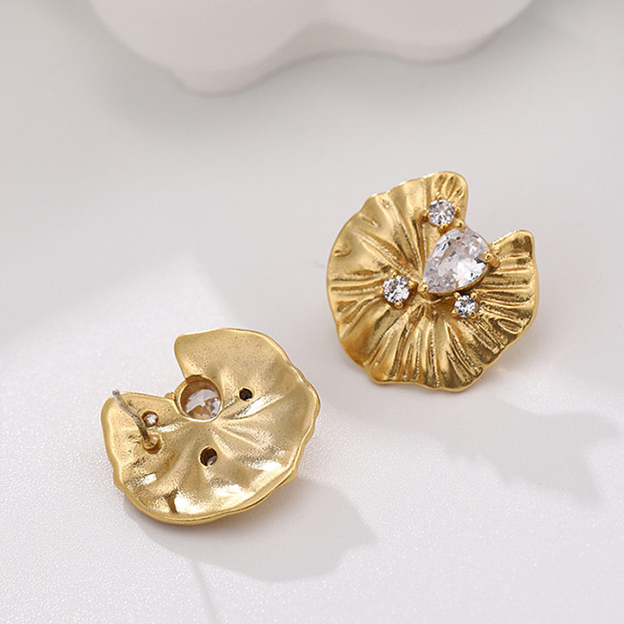 1 Pair Retro Simple Style Leaf Copper Plating Inlay Zircon Ear Studs