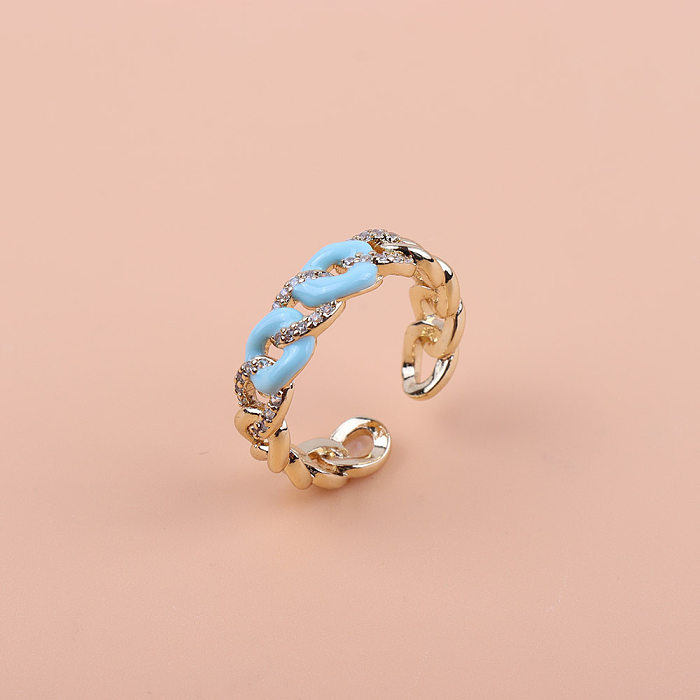 Casual Simple Style Chain Copper Enamel Plating Inlay Zircon Gold Plated Open Ring