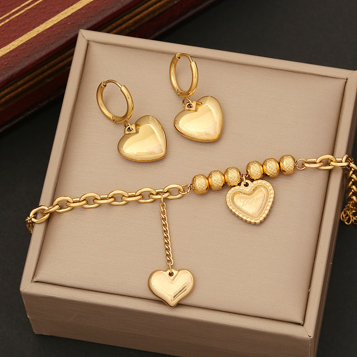 Moda coração forma chapeamento de aço inoxidável banhado a ouro feminino pulseiras brincos colar