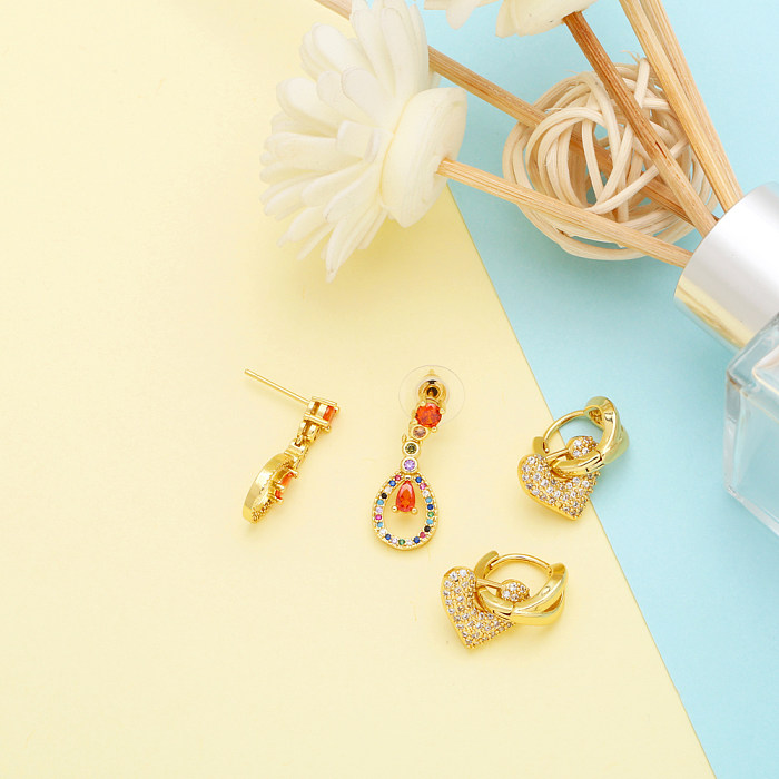 1 Pair Korean Style Water Droplets Heart Shape Inlay Copper Zircon 18K Gold Plated Drop Earrings
