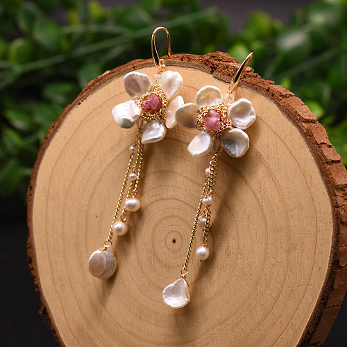 1 paire de boucles d'oreilles pendantes élégantes avec incrustation de placage géométrique en cuivre et perles plaquées or 18 carats