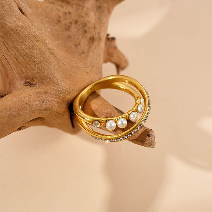 Atacado casual estilo simples anel duplo redondo chapeamento de aço inoxidável incrustação banhado a ouro pérola anéis de diamante