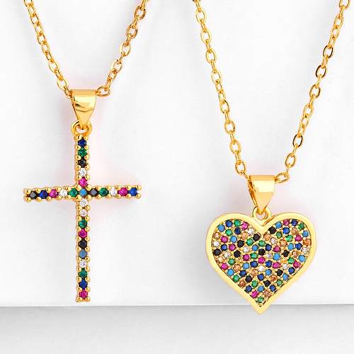 Copper Inlay Zircon Color Cross Heart Necklace NHAS150821