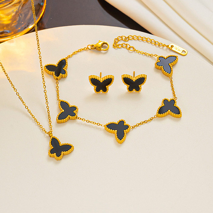 Simple Style Butterfly Titanium Steel Plating Inlay Shell Bracelets Necklace Jewelry Set