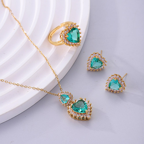 Elegant Retro Lady Heart Shape Copper Plating Inlay Zircon 18K Gold Plated Rings Earrings Necklace