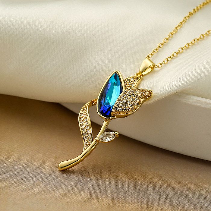 Elegant Flower Stainless Steel Copper Plating Inlay Zircon 18K Gold Plated Pendant Necklace