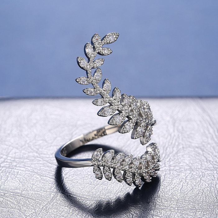 Neuer Damen-Zirkon-Ring, versilbert, kreativer Pflanzenblatt-Ring, Kupfer-Schmuck