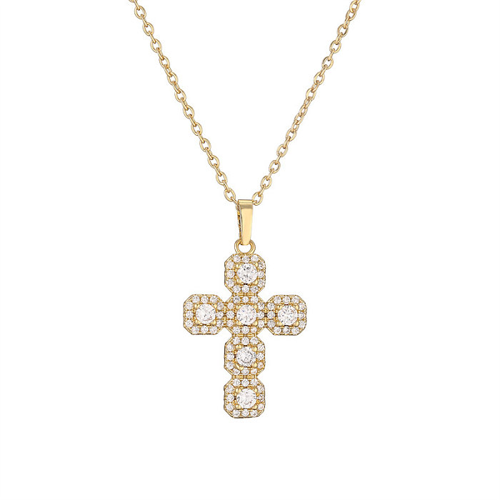 IG-Stil, einfacher Stil, Kreuz-Kupfer-Beschichtung, Inlay, Zirkon, vergoldet, Anhänger-Halskette