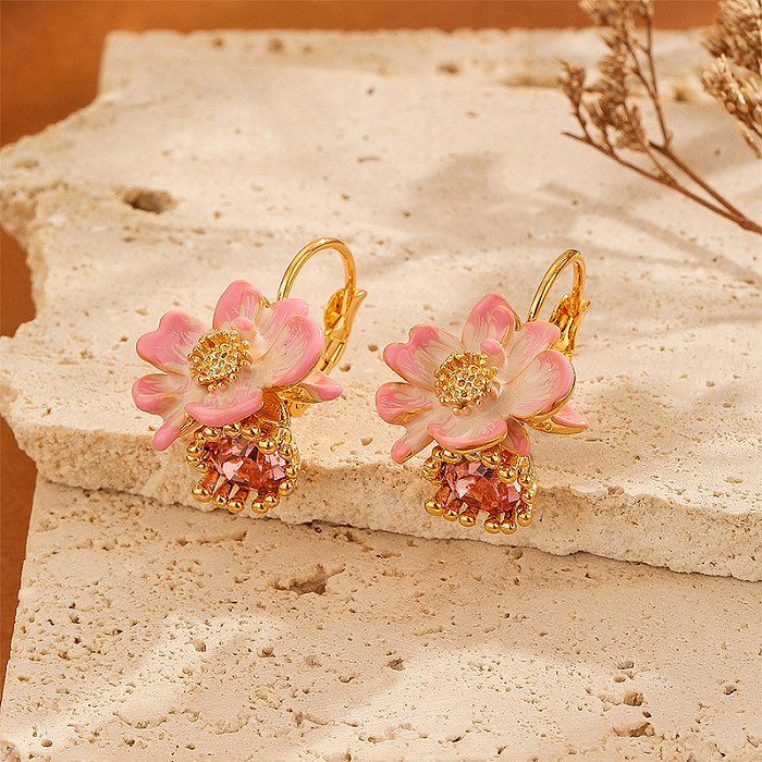 1 Pair Streetwear Commute Flower Inlay Copper Zircon Earrings
