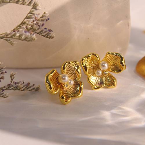 1 par de pendientes de perlas artificiales de cobre con incrustaciones de Flor Retro