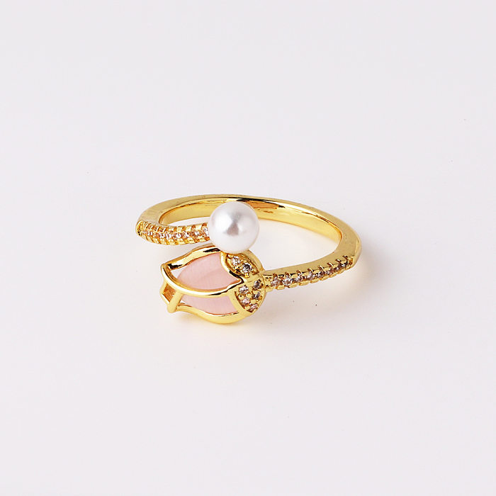 Anéis abertos elegantes do zircão do embutimento do chapeamento de cobre geométrico da senhora