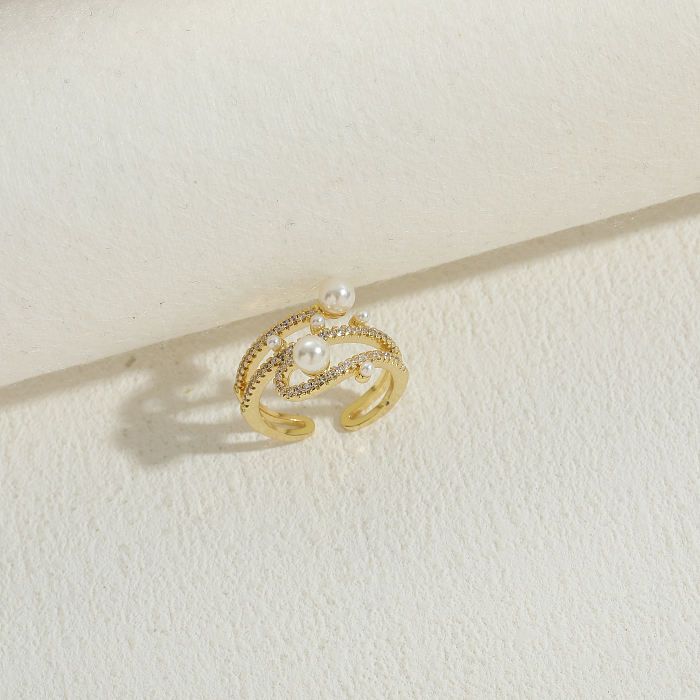 Estilo clássico cor sólida chapeamento de cobre embutimento pérola zircão anéis banhados a ouro 14K