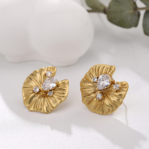 1 Pair Retro Simple Style Leaf Copper Plating Inlay Zircon Ear Studs