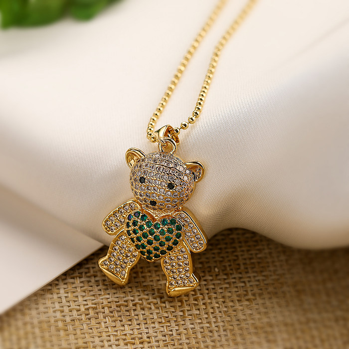 Simple Style Commute Animal Bear Copper 18K Gold Plated Zircon Pendant Necklace In Bulk