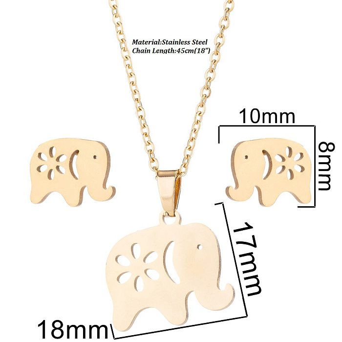 1 Set Fashion Heart Shape Butterfly Elephant Titanium Steel Earrings Necklace