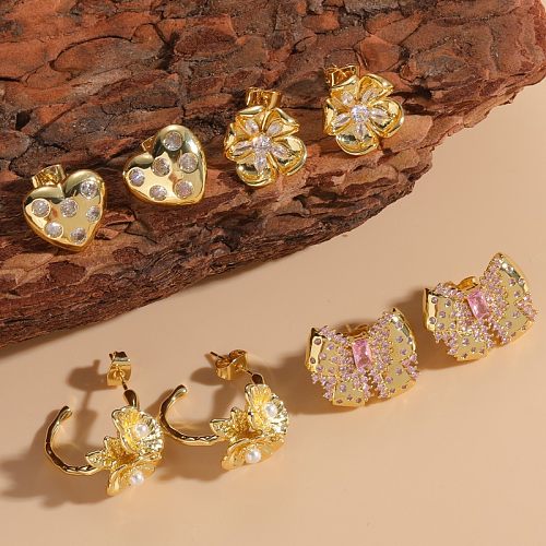 1 Paar elegante, luxuriöse, klassische, geometrische Herzform-Inlay-Kupfer-Perlen-Zirkon-Ohrringe mit 14-Karat-Vergoldung
