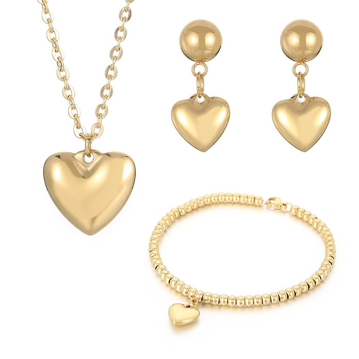 Estilo moderno formato de coração titânio aço banhado a ouro 18K pulseiras brincos colar