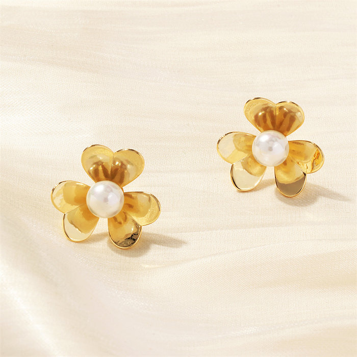 1 Paar schlichte Ohrstecker mit Blumenbeschichtung, Süßwasserperle, Kupfer, 18 Karat vergoldet