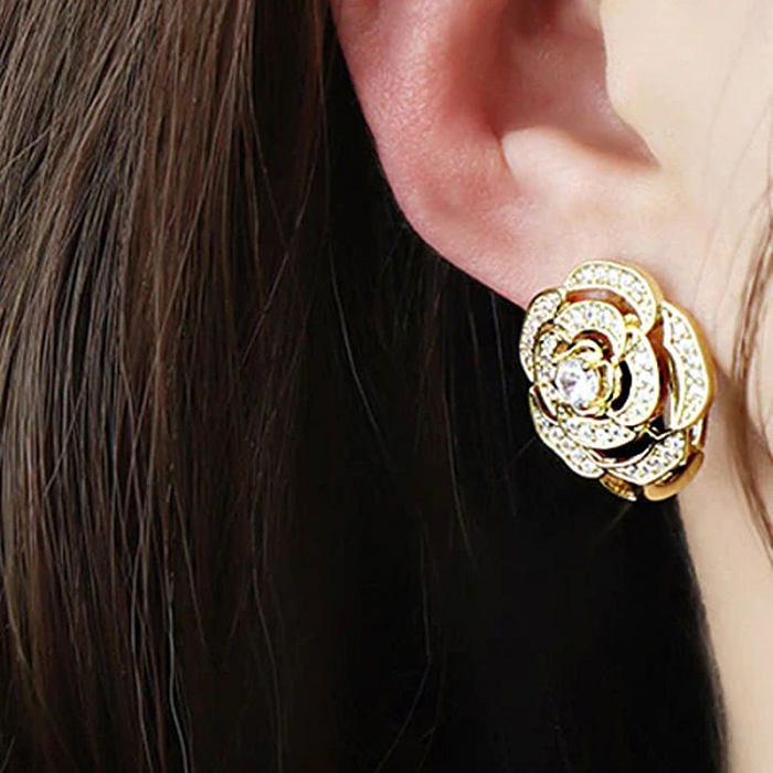 Clous d'oreilles en Zircon avec incrustation de cuivre et fleur à la mode, 1 paire