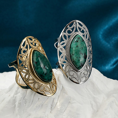 Novo estilo étnico retro anel de abertura aço inoxidável turquesa natural anel ajustável